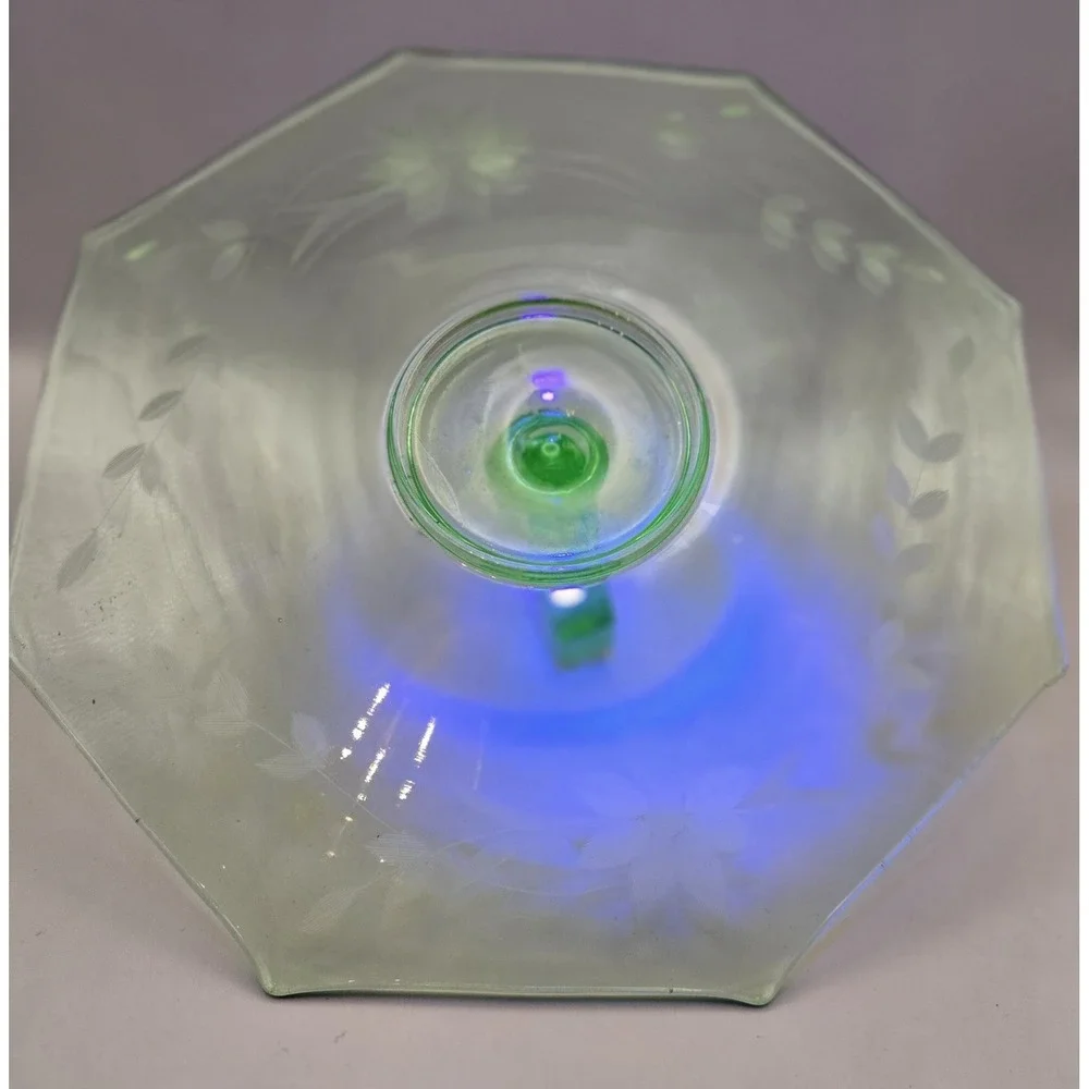 VTG Uranium Platter Glossy Depression Glass  Center Handle Octagon Floral Etched